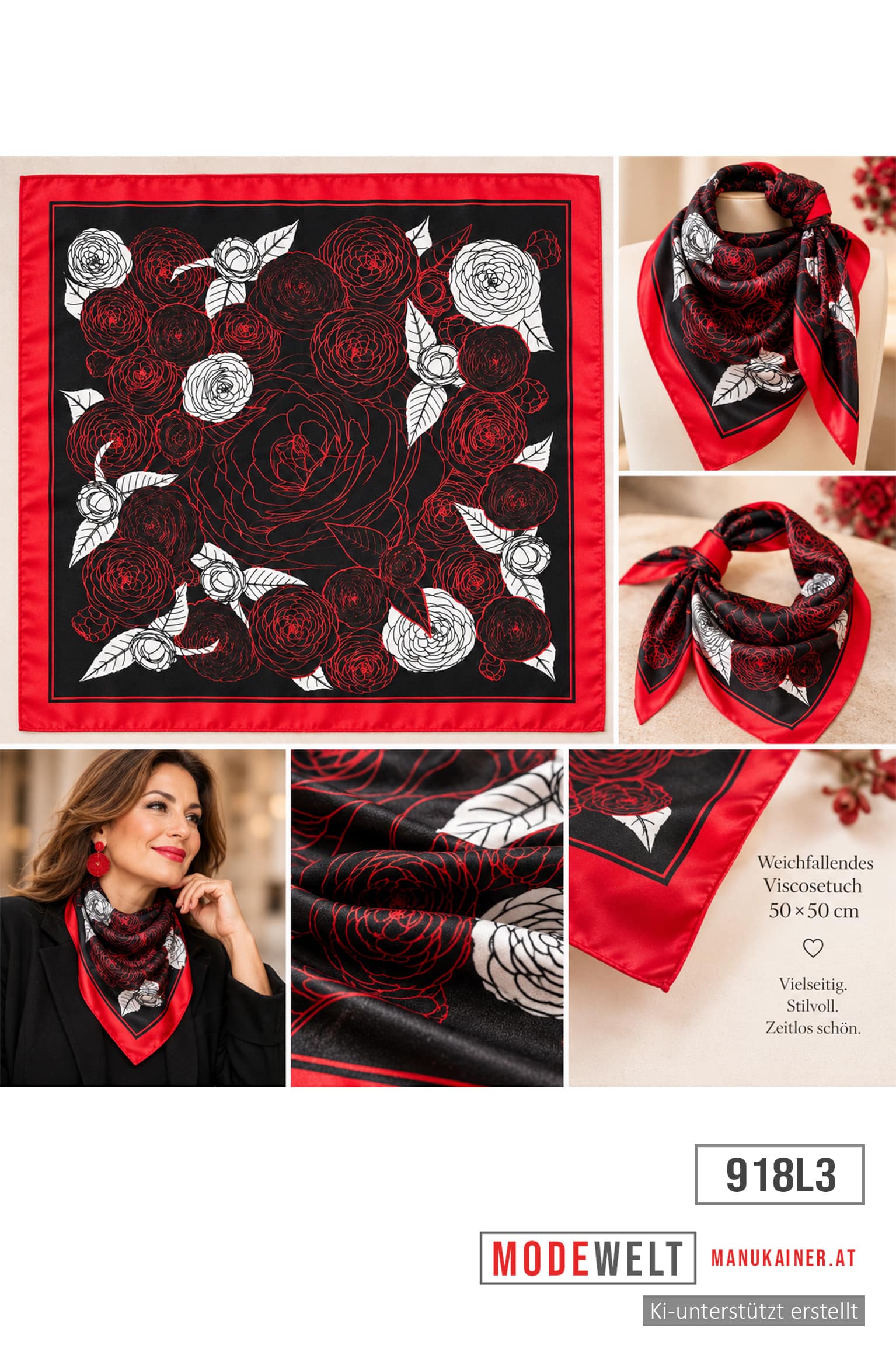 Viskosetuch Black&White, Red Rose, Lady Eleganca